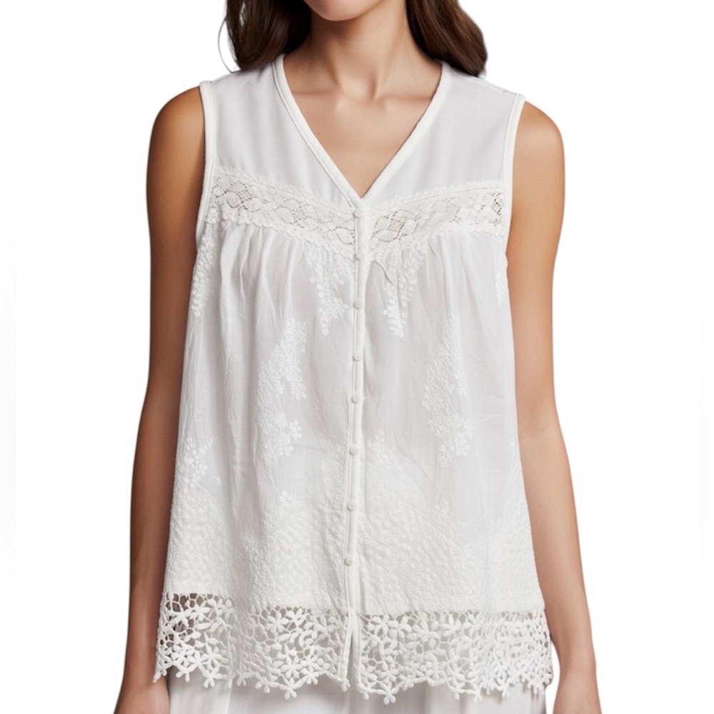 Adiva White Sleeveless Lace Embroidered Button Down Top